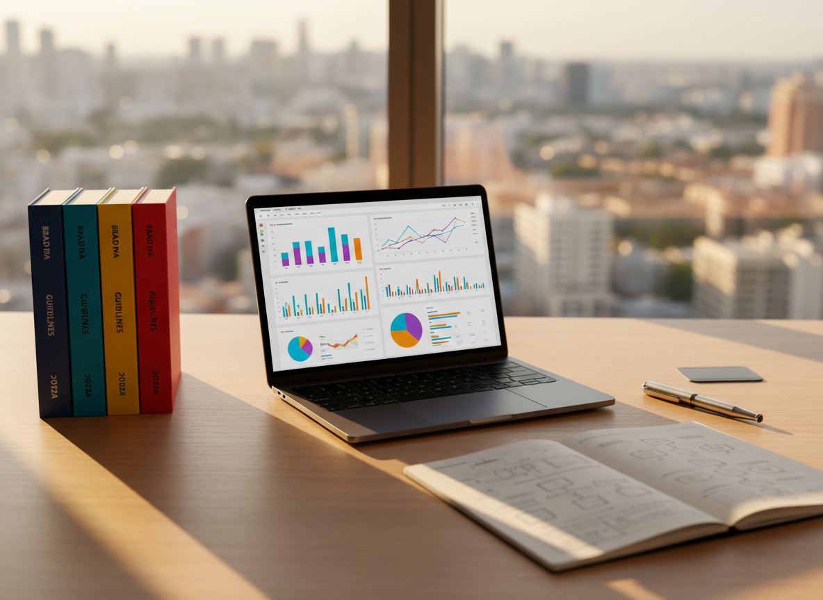 A bold, meticulously organized marketing strategy workspace composed entirely of objects, without any people. At the center, a sleek matte-black laptop displays a colorful analytics dashboard, flanked by neatly stacked brand guideline books with vivid spine colors and a metal pen resting precisely on a gridded notebook. The desk is a smooth, light oak surface, set in front of a large window overlooking a softly blurred city skyline. Late afternoon natural light pours in, creating crisp highlights on metallic edges and confident shadows that angle diagonally across the scene. Photographic realism with a clean, modern aesthetic, shot at eye level with a shallow depth of field, conveys clarity, decisiveness, and executive-level focus.